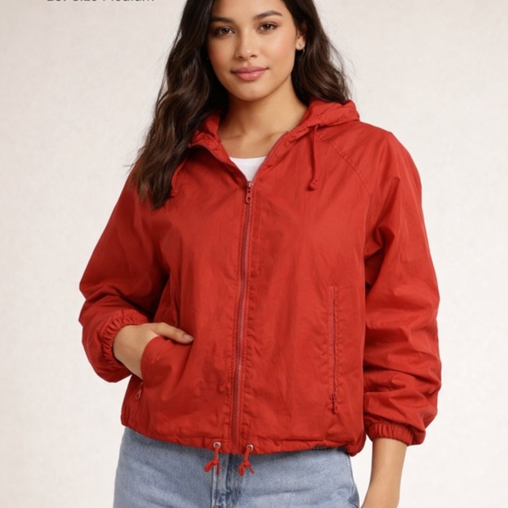 Vintage Red Hooded Windbreaker Jacket Zip Front Drawstring Size M